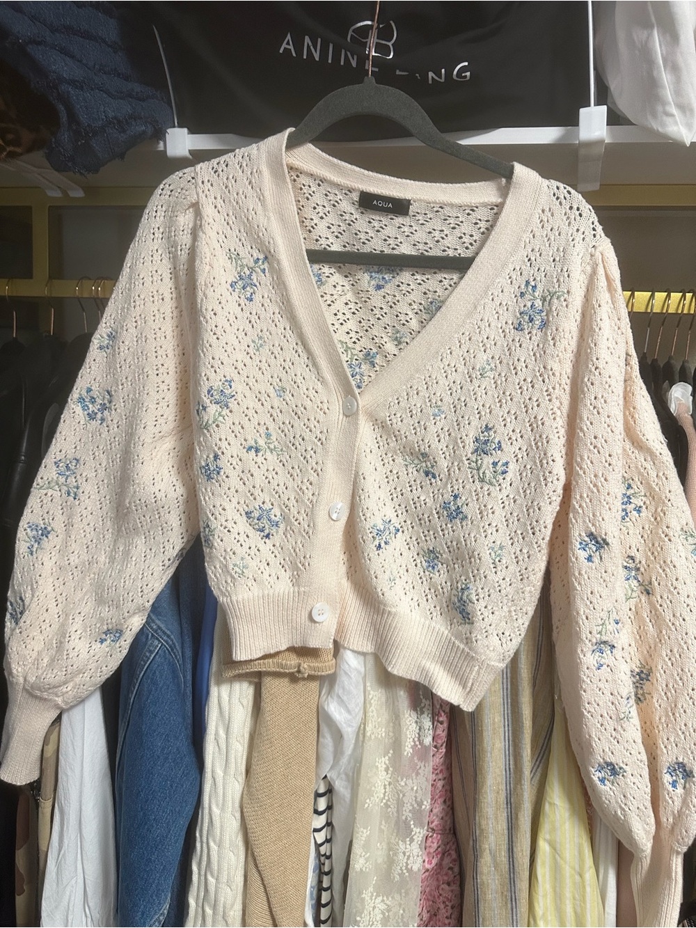 AQUA Cream Crochet Cardigan with Floral Appliqué 🪻